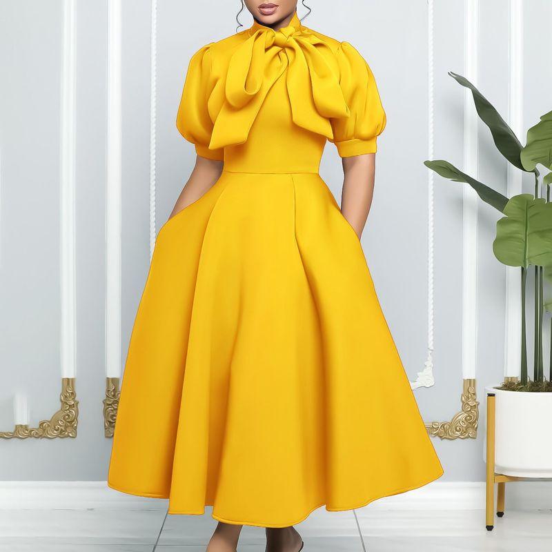 Temperament Long Dress Short sleeve Lace-up Bow Puffy Banquet Formal Dress European and American Dress