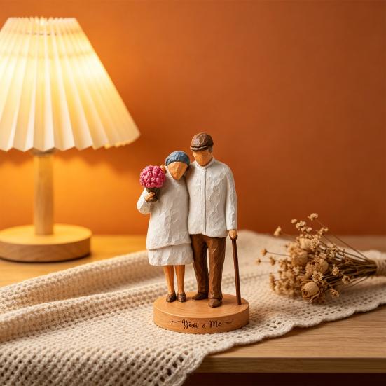 3D Printed Elderly Couple Figurines Old Couples Ornament with Wood Carving Texture Romantic