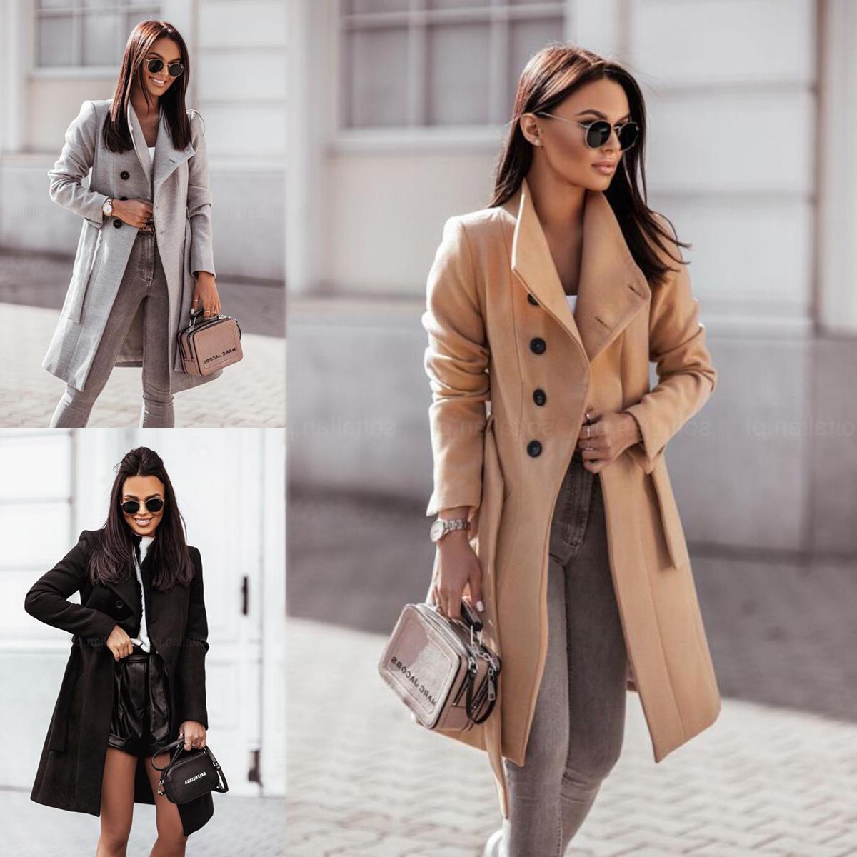

Women s European & American Wool Coat - Solid Color, Medium to Long Length with Straps L