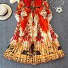 Rochie maxi de vacanță cu pliuri superbe de toamnă cu imprimeu de flori pentru femei, guler rotund, mânecă lanternă, centură înaltă elastică, haine lungi