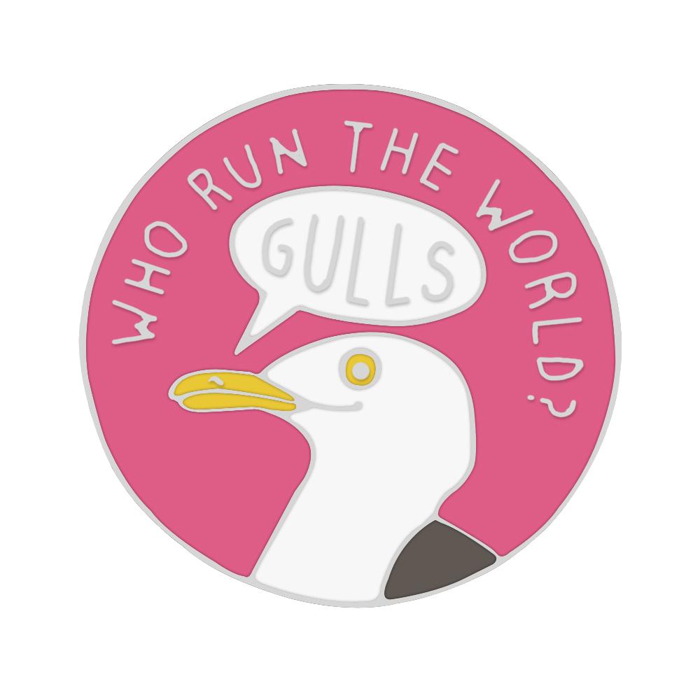 

Animal Pink Round Badge Cute Gull Power Brooch for Children Girls WHO RUN THE WORLD GULLS Jewelry Bag Lapel Pin Gift Accessories