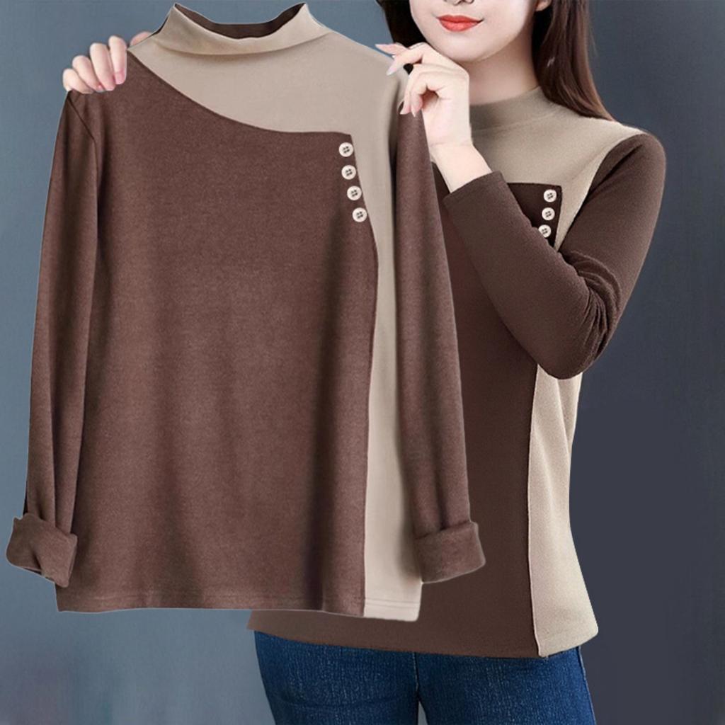 Fleece,lined Turtleneck Color,blocked Top With Button Embellishments For Added .