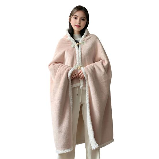 Cape Blanket Plush Hooded Cape with Button Fastening Double-Sided Warmth White Trim Blanket Cape Office Nap Comfort Throw Blanket