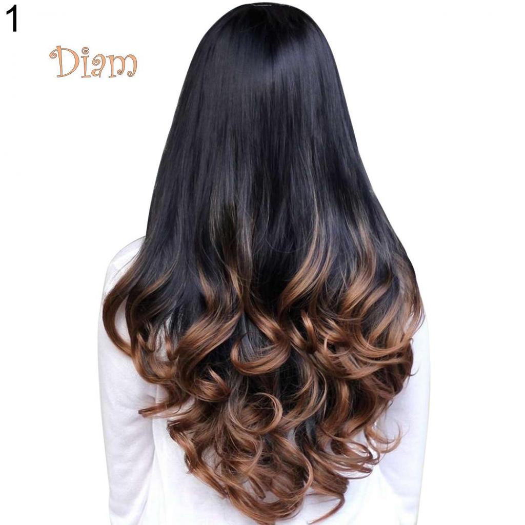 Tenfyer Women Big Wave Long Curly Wavy Gradient Color Ombre Three-forth Full Hair Wig