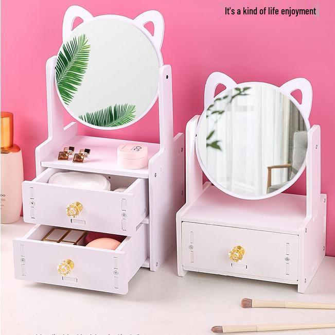 Double Drawer Wooden Cat Ear Vanity Mirror with Storage