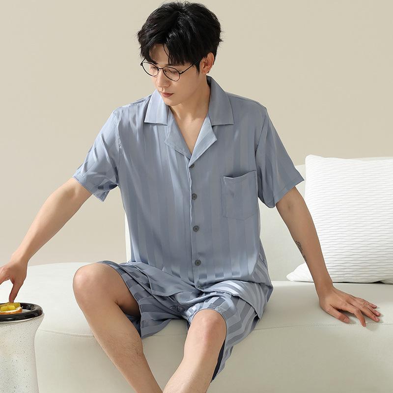 

Мужской летний полосатый пижамный комплект: Кардиган с коротким рукавом и шорты для подростков - для улицы или дома XL (125-150 jin)