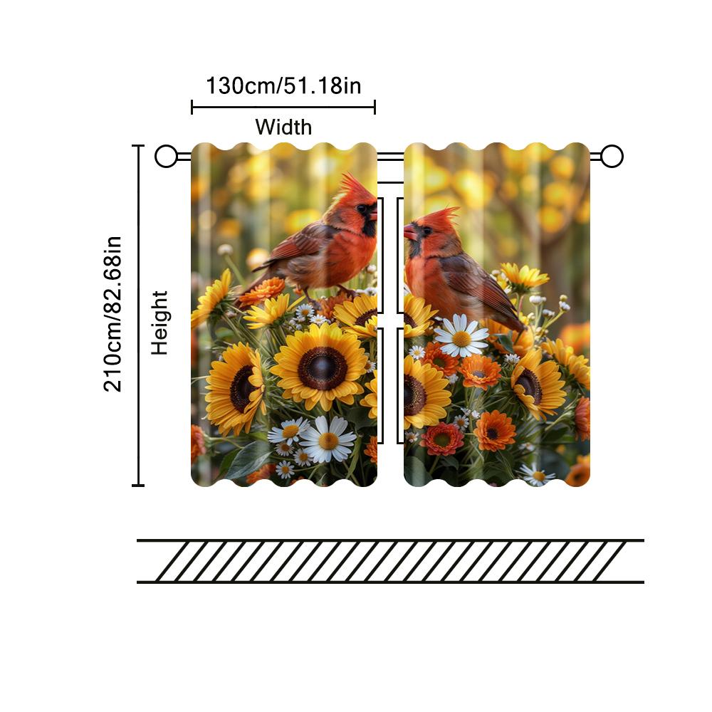 2 Pcs   Filtering Curtains (excluding Rods   Non-movable   Without Batteries) Sunflower & Red-Billed Bird for Use In Bedrooms and