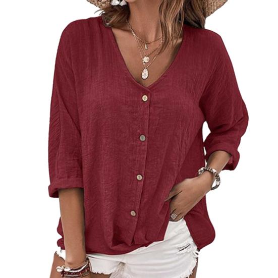 Herbst V-ausschnitt 3/4 Hülse Hemd Tops Tasten Knopfleiste Einfarbig Lose Fit Dünne Atmungsaktive Frauen Shirt Streetwear