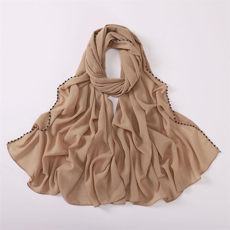 Plain Gold Ball Pearl Chain Bubble Chiffon Instant Shawls Scarf Lady High Quality Beach Stole Bufandas Muslim Hijab 175*70Cm