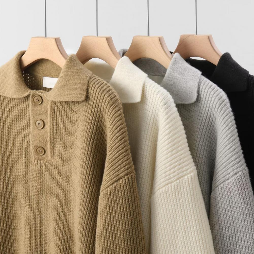 Jesień Zima Męski Sweter Zapinany Kołnierzyk Wykładany Długi Rękaw Top Retro Dzianinowy Gruby Ciepły Jednolity Kolor Pulower Rozciągliwy Do Noszenia na Co Dzień