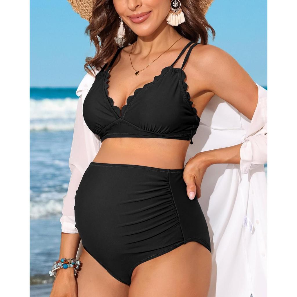 CHARMLEAKS Maternity Swimsuit Women Two Piece High Waist Bikini Scallop Trim Bathing Suit Pregnancy Swimwear
