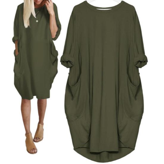 Fashion Lady Casual Solid Color Loose Round Neck Half Sleeve Pullover Midi