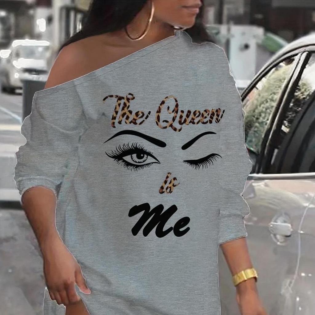 Rochie cu umăr înclinat Queen cu imprimeu Poker, rochie casual cu mânecă lungă pentru toamnă și primăvară, îmbrăcăminte pentru femei