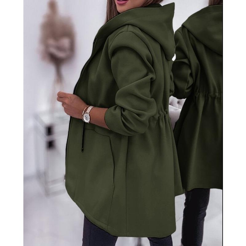Dames S Capuchon Lange Mouw Tailleband Rits Effen Middellang Casual Jas