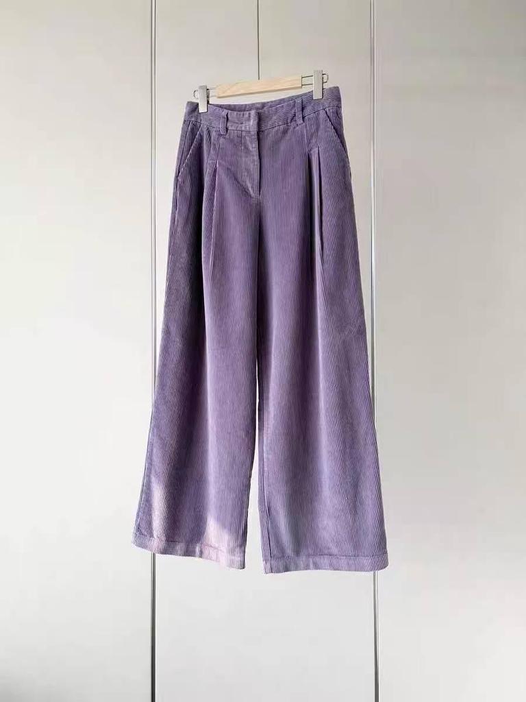 Yang Caiyu Inspired Lavender Corduroy High-Waisted Wide-Leg Pants - Autumn/Winter Retro French Style