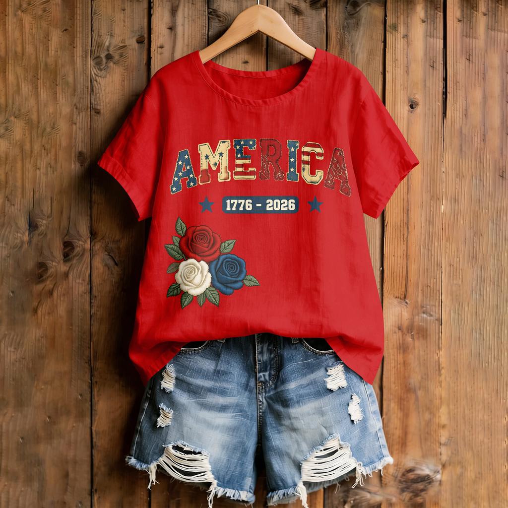 Women's American Floral Patchwork Print Casual T-Shirt 250Th Anniversary USA Shirt Patriotic Tshirt