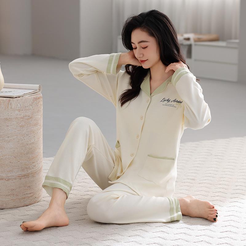 Anti-bumping point with chest pad Spring and autumn women's cardigan loungewear pure cotton long-sleeved lapel two-piece pajamas women's suit