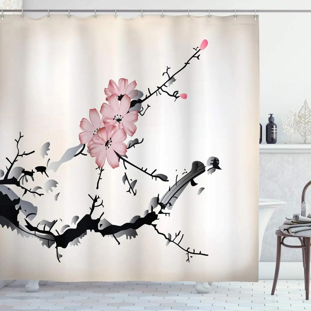 Floral Shower Curtain, Spring Blossom Flower Polyester Bath Curtain With Hooks Durable Waterproof Shower Curtain For Bathroom