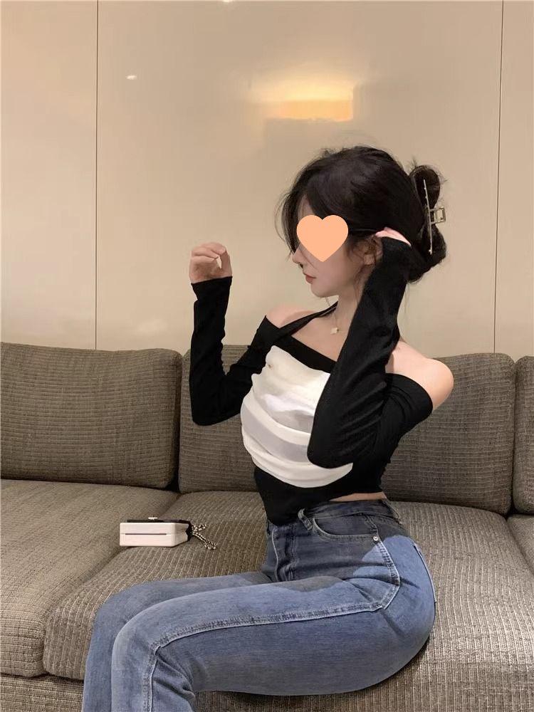 Autumn Chic Halterneck Mesh Patchwork One-Shoulder Top 