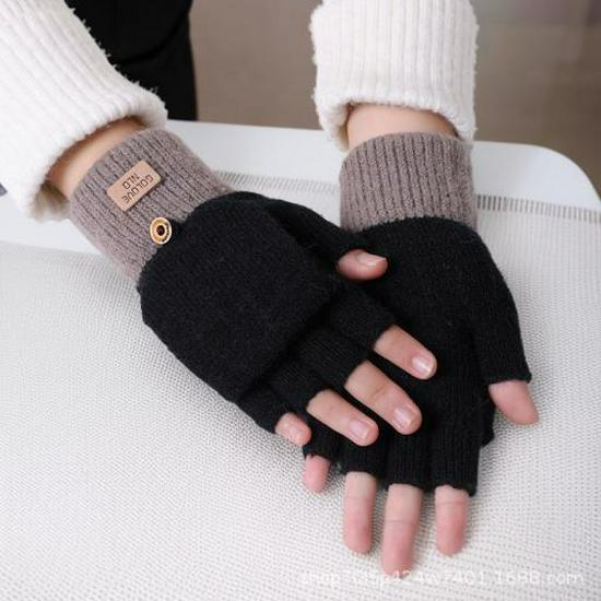 

Зимние эластичные трикотажные перчатки без пальцев для письма, цельный дизайн Half Finger Flap Gloves, One Size чёрный