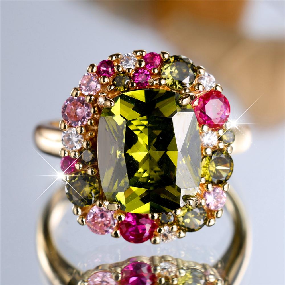 

Charm Female Green Red Rainbow Zircon Stone Finger Ring Vintage Gold Color Wedding Band Bridal Jewelry For Women 10