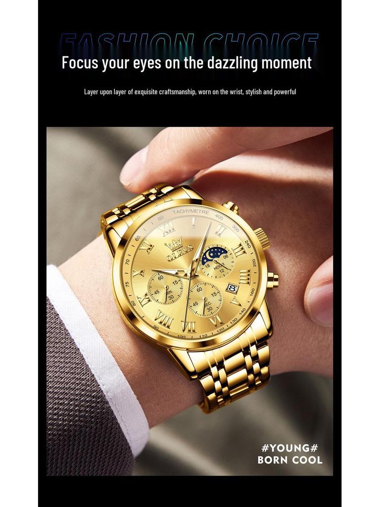 Wielofunkcyjny zegarek męski Oulishi: Luminous Calendar, Waterproof, Steel Band, Three-Eye, Six-Hand.