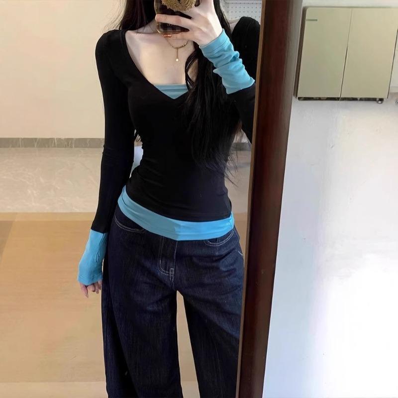 

Spring Autumn Fake Two Pieces Patchwork T-shirt Women Long Sleeve All-match Bottomed Tee Slim Pullover Top S чёрный
