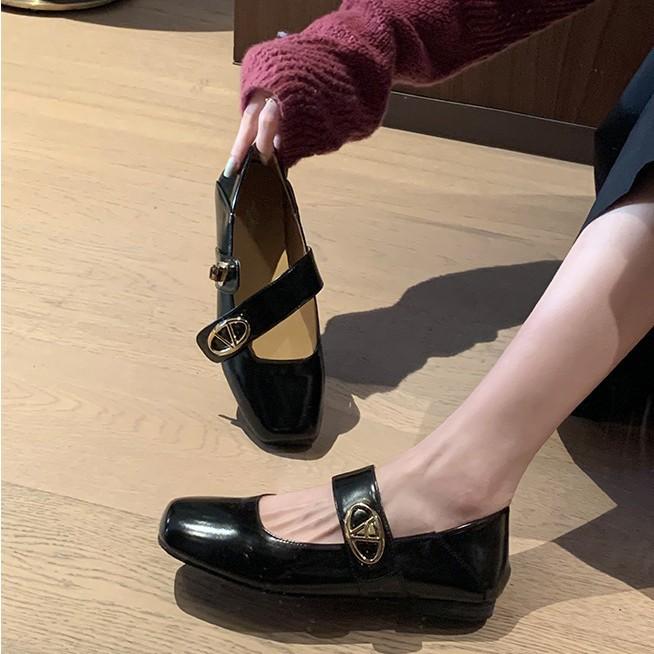 Sheepskin Version~ French Retro Leather Shoes Square Head Velcro Mary Jane Shoes Women's Shallow Mouth Flat Bottom Commuter Shoes