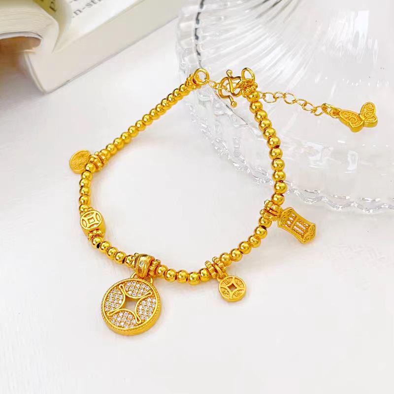 Gold-Plated Diamond Copper Coin Bracelet: Women's Chinese-Style Beaded Jewelry