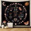 Moon Phase Floral Crystal Wall Tapestry Black Background Lunar Cycle Potted Plant Gemstone Hand Mushroom Butterfly Occult