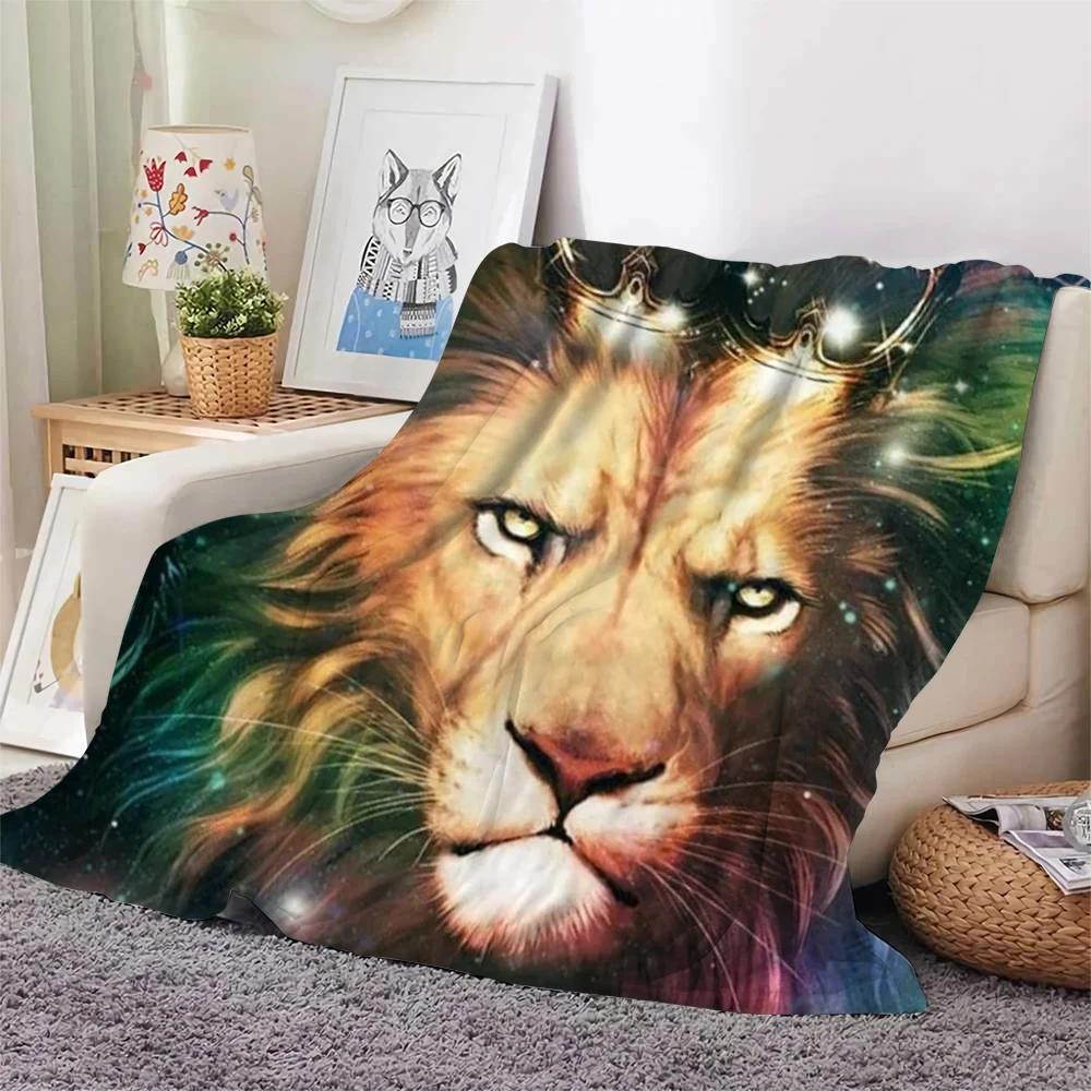 Colourful Lion Pattern Flannel Throw Blanket King Queen Size Super Soft Warm Blanket for Bed Sofa Couch Lightweight Kid Boy Gift