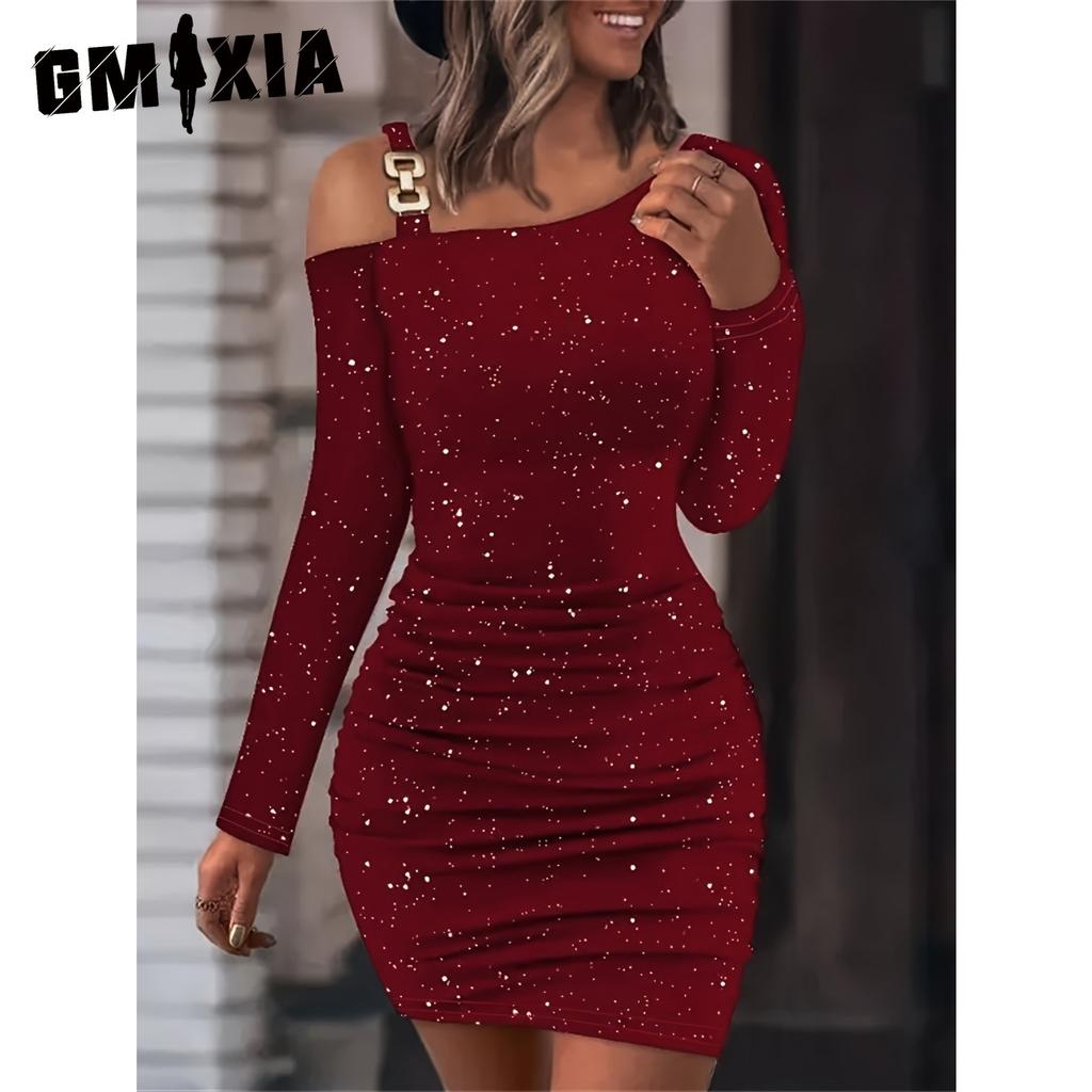 GMXIA Autumn Winter Women's Solid Color Flash Slim Dress