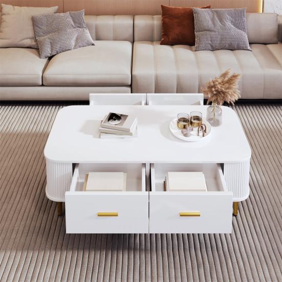 Coffee Table Golden Handles with Two Drawers Large Storage Space Curved Corners Wavy Side Storing MDF Rectangle Shape Tea Table Home