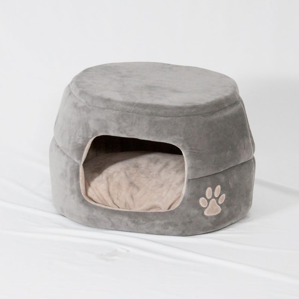 Petit Ruban Round House Round Pet Bed with Pet Bed for Extra Small Small and Small Winter Sleeping Cold Protection 2-Way Bed, Medium, Gray, Cushion,