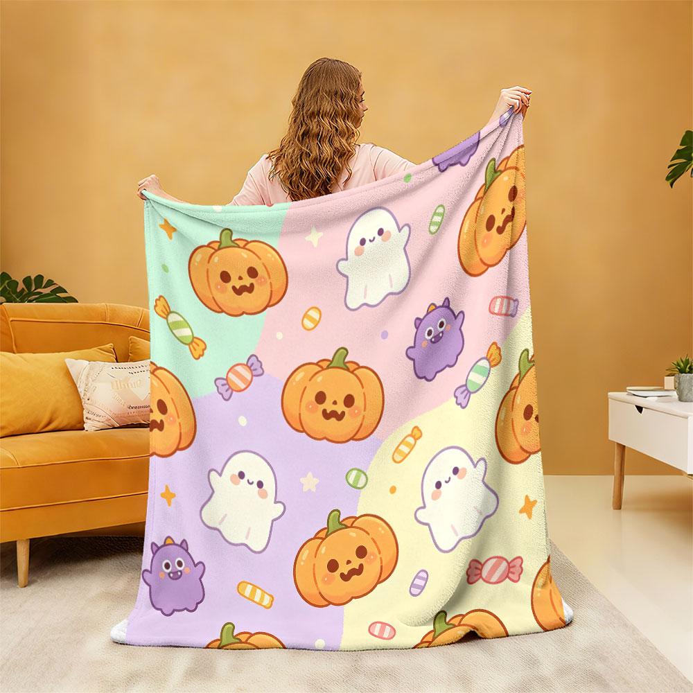 1pc Halloween Pumpkin Ghost Candy Print Flannel Blanket Leisure Sofas Napping During Breaks At Work
