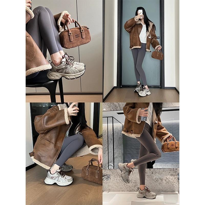 Cowhide version~ leather platform dad shoes women's autumn leather mesh retro versatile casual sports shoes