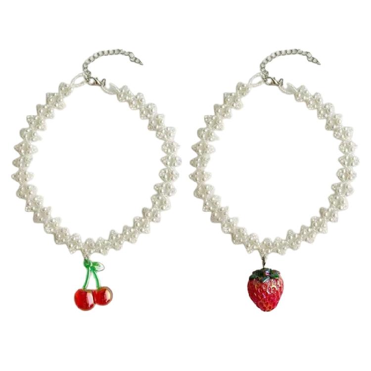 Double Layer Pearl Choker Strawberry Pendant Necklace Collar Necklace