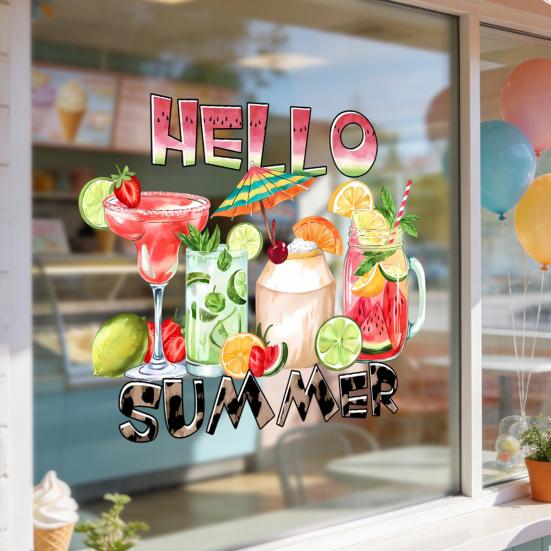 Hello Summer Window Clings Hawaiian Tropical Theme Static PVC Glass Sticker for Beach Pool Party Home Glass Doors Windows