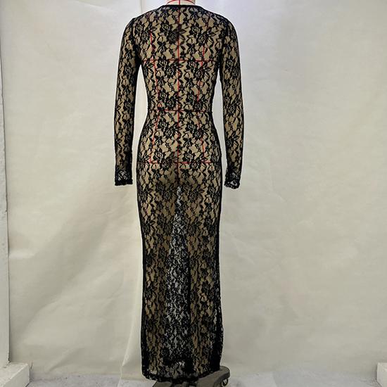 Spring and Summer European and American Women's Solid Color Lace See Through Long Sleeved Mid Length Dress, Vacation Long Dress