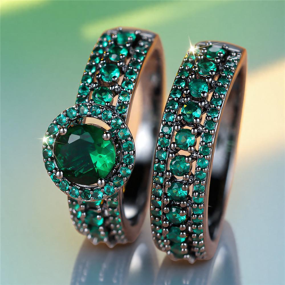 Female Green Zircon Round Stone Engagement Ring Set Vintage Black Gold Color Bridal Wedding Bands Party For Women