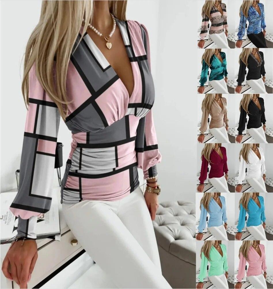 Women's Long Sleeved Sexy V-neck Printed Shirt Autumn/Winter Office Lady Solid Color Fashion Blouse Elegant Women Clothing S-XXL