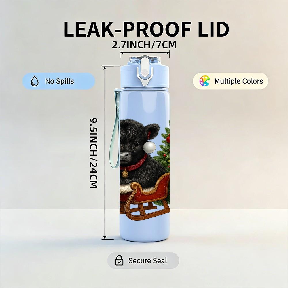 1PC Bear Christmas Sleigh 750ml Color Plastic Sports Water Bottle Leakproof Flip Straw Lid Suitable for Sports Office Home Use
