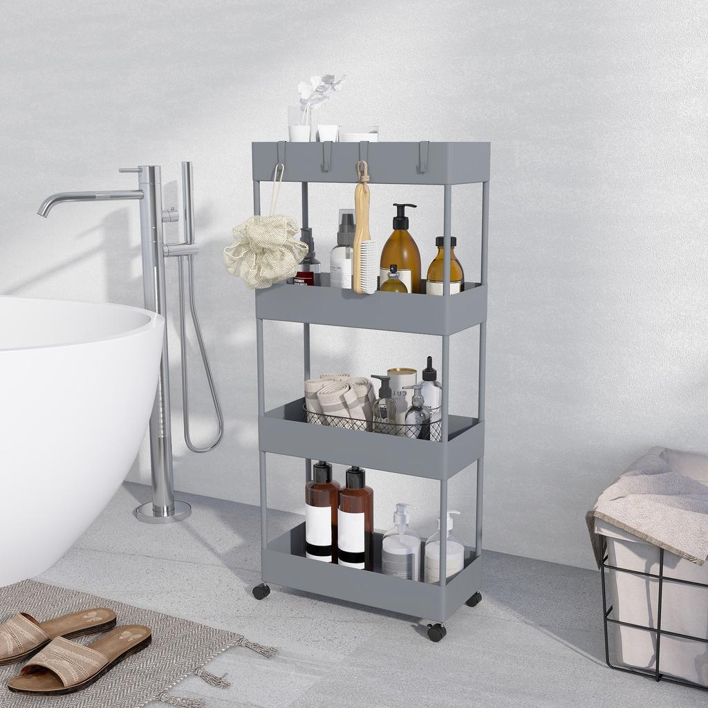 Kitchen Cart with 4 Shelves, 4 Flexible Hooks, 4 Wheels, 40 Cm X 19 Cm X 90 Cm, Narrow Gap Cart, Grey