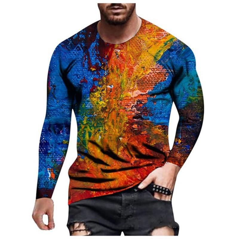 Round Neck 3D Graffiti Printed Top Casual Long Sleeved Men's T-shirts - Soft Medium Stretch Polyester Fabric Spring and Autumn Relaxed Fit Clothing