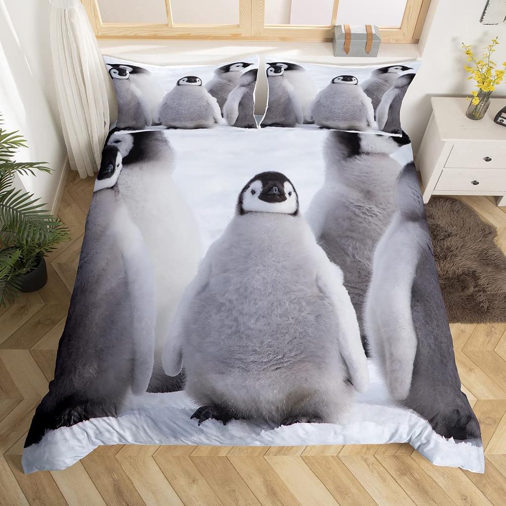 Penguin Comforter Cover Kawaii Animal Print Black White Little Penguin Duvet Cover Blue Iceberg Antarctica Winter Bedding Set