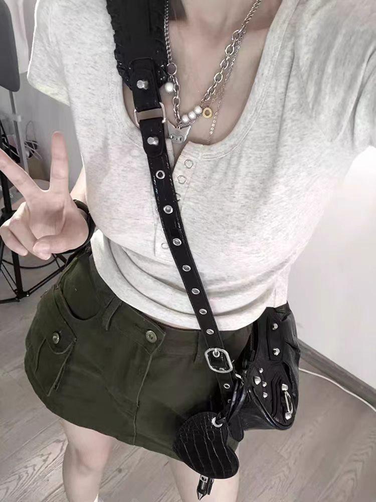 Plus Size Sweet French U-Neck Short Sleeve T-Shirt - American Style Slimming Button Top