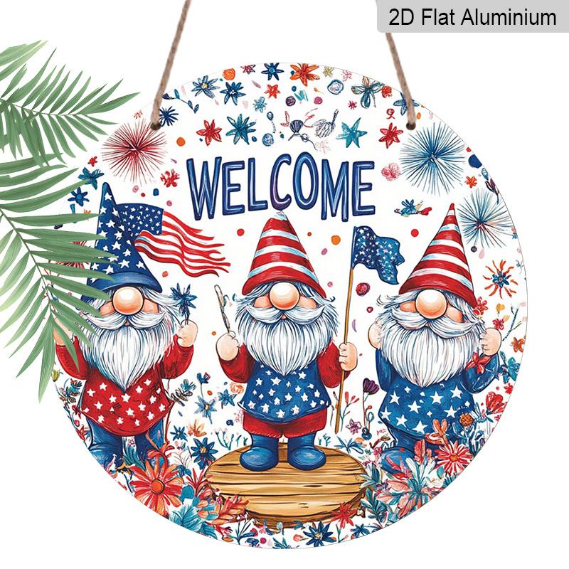 

2D Flat, 1pc 4th of July Wreath Gnome Welcome Door Decor, Patriotic Bow Round Aluminum Decorative, American Star Flag, Weatherproof Metal Wall Decor 7.87*7.87inchs
