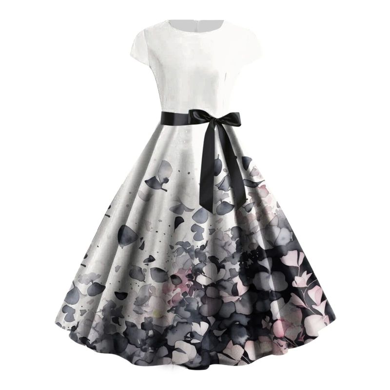 

3D Printed Short Sleeve Large Hem Dress 3D Print Short Sleeve Swing Dress Black-d M(M)