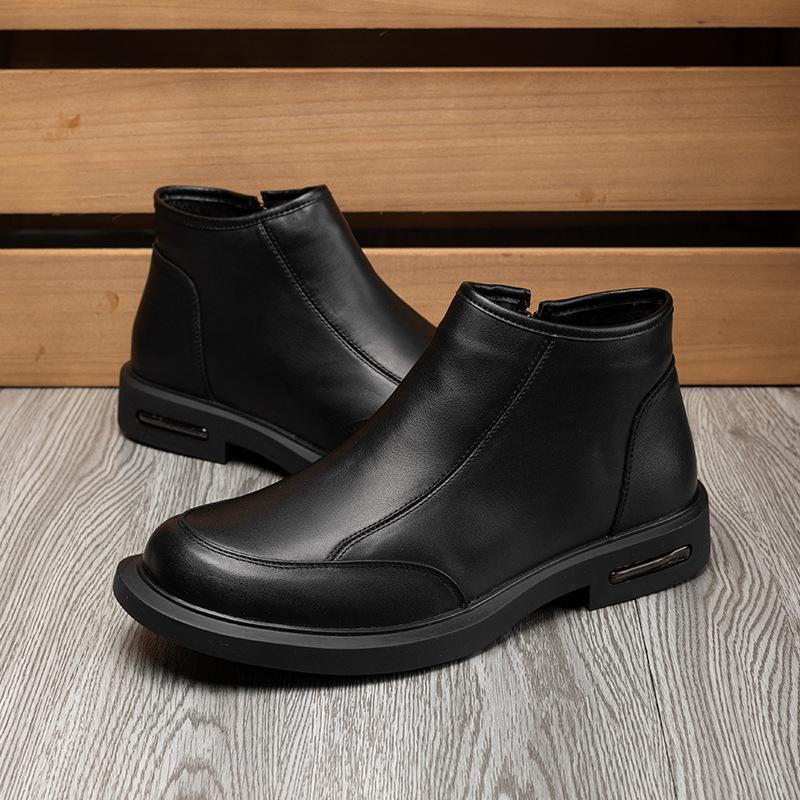 Autumn and winter first-layer cowhide soft leather medium-top Martin boots men's side zipper short boots versatile high-top leather casual men's shoes