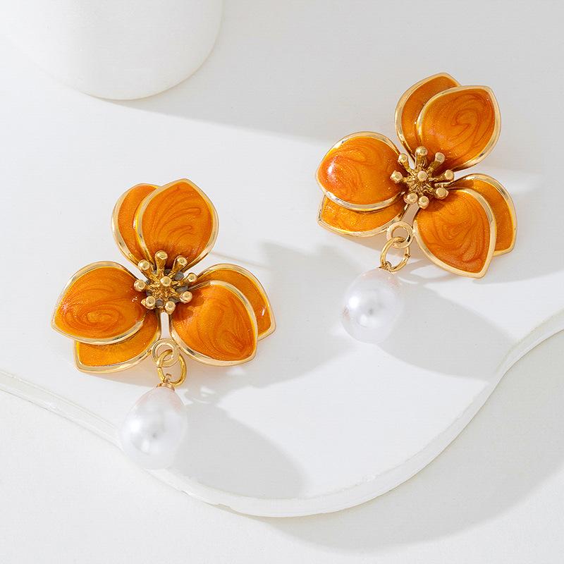 Simple Oil-Infused Flower Earrings And Necklace Set - Casual Jewelry Set For Women